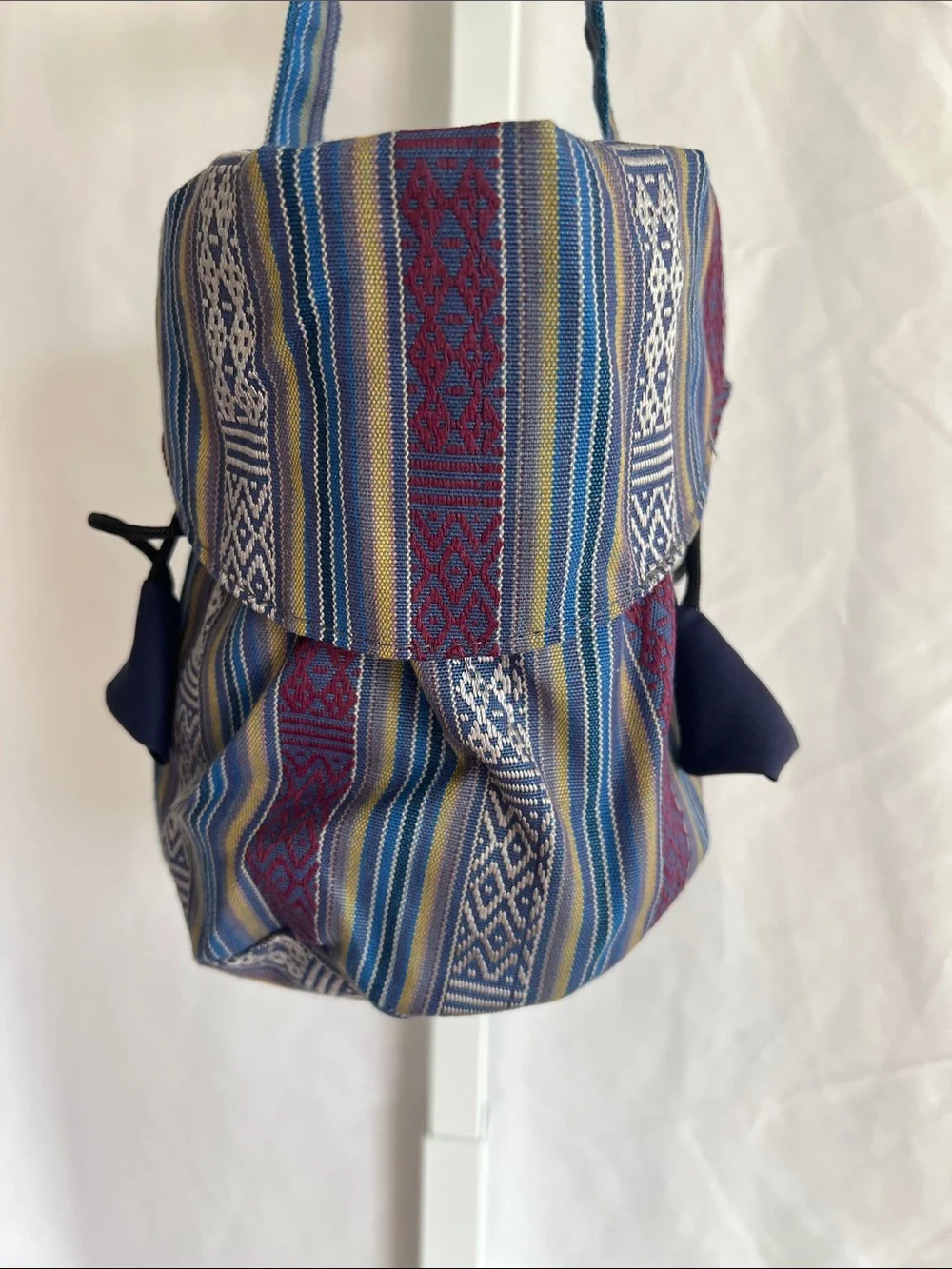 Woven Blue Multi-Stripe Drawstring Bag with Flap on Front & Back Silk Pullstring